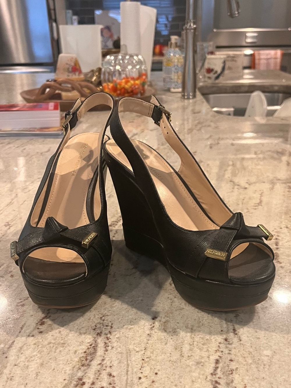Black Wedge Slingback Peep-Toe Heels by Tommy Hilfiger